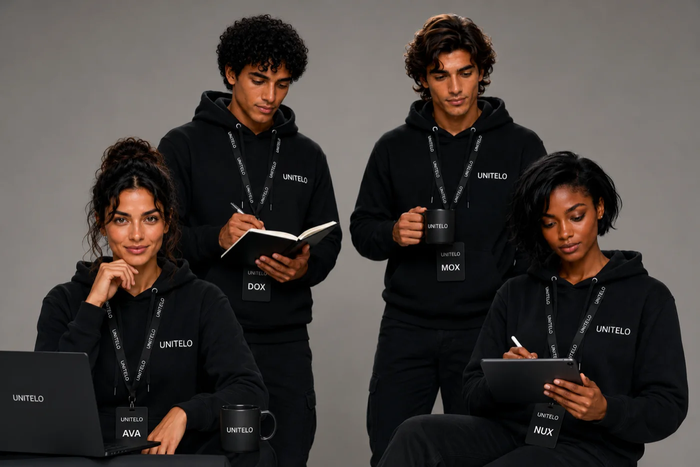 AVA, DOX, MOX and NUX: the UNITELO AI workforce, each specialized in a different workflow